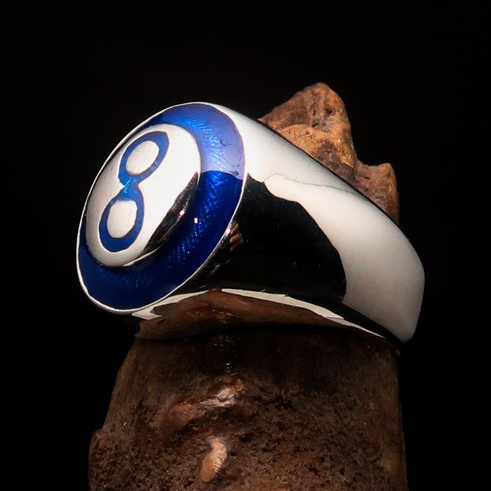 Stylish blue domed Men's Number Ring featuring the number 8, crafted from solid Sterling Silver with a high-polished enamel finish.