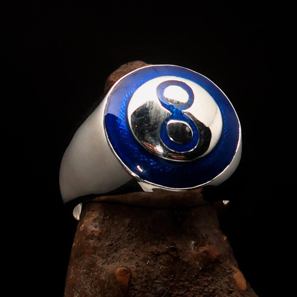 Stylish blue domed Men's Number Ring featuring the number 8, crafted from solid Sterling Silver with a high-polished enamel finish.