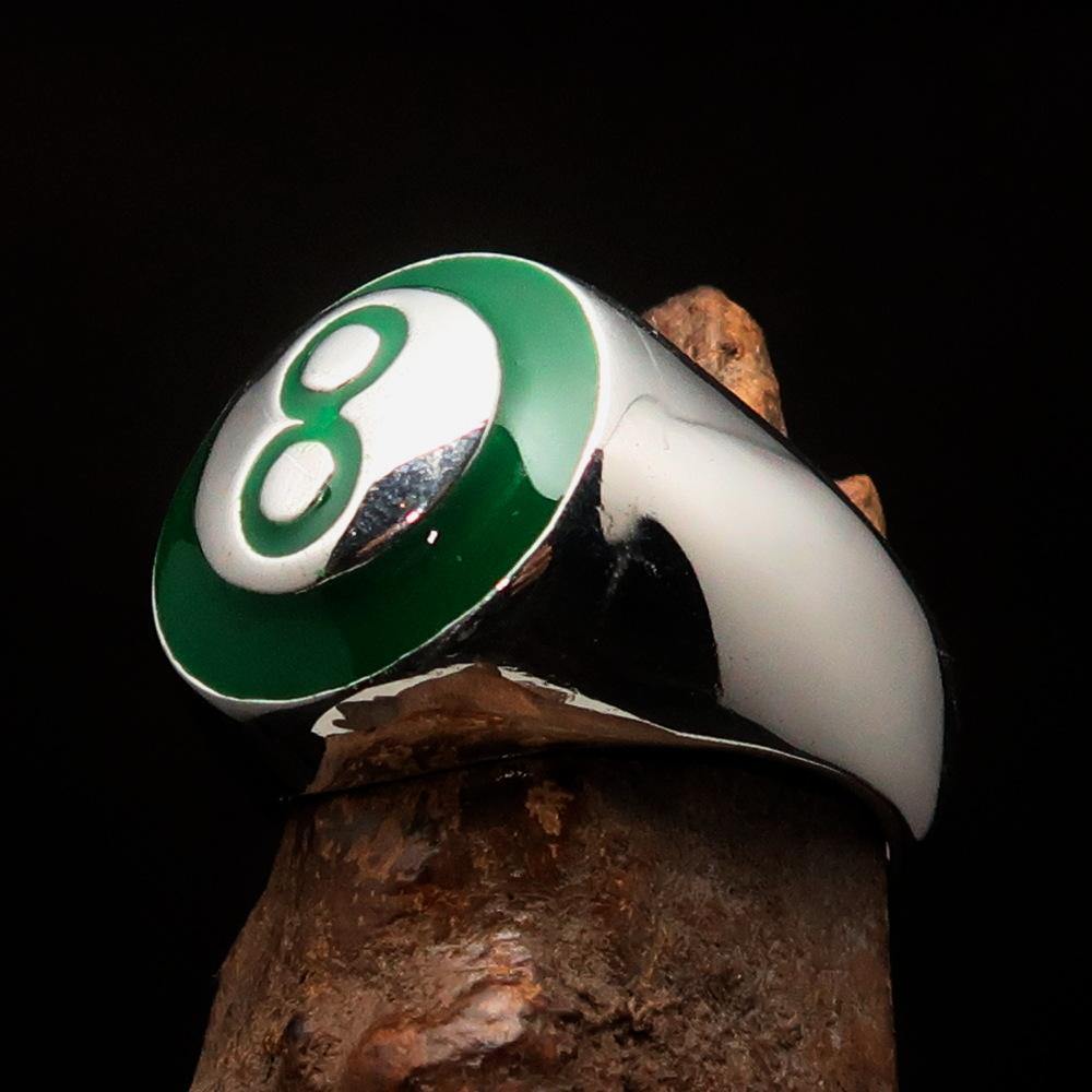 Men's Number Ring in green 8, crafted from solid Sterling Silver with a high polished enamel finish, showcasing a domed design.