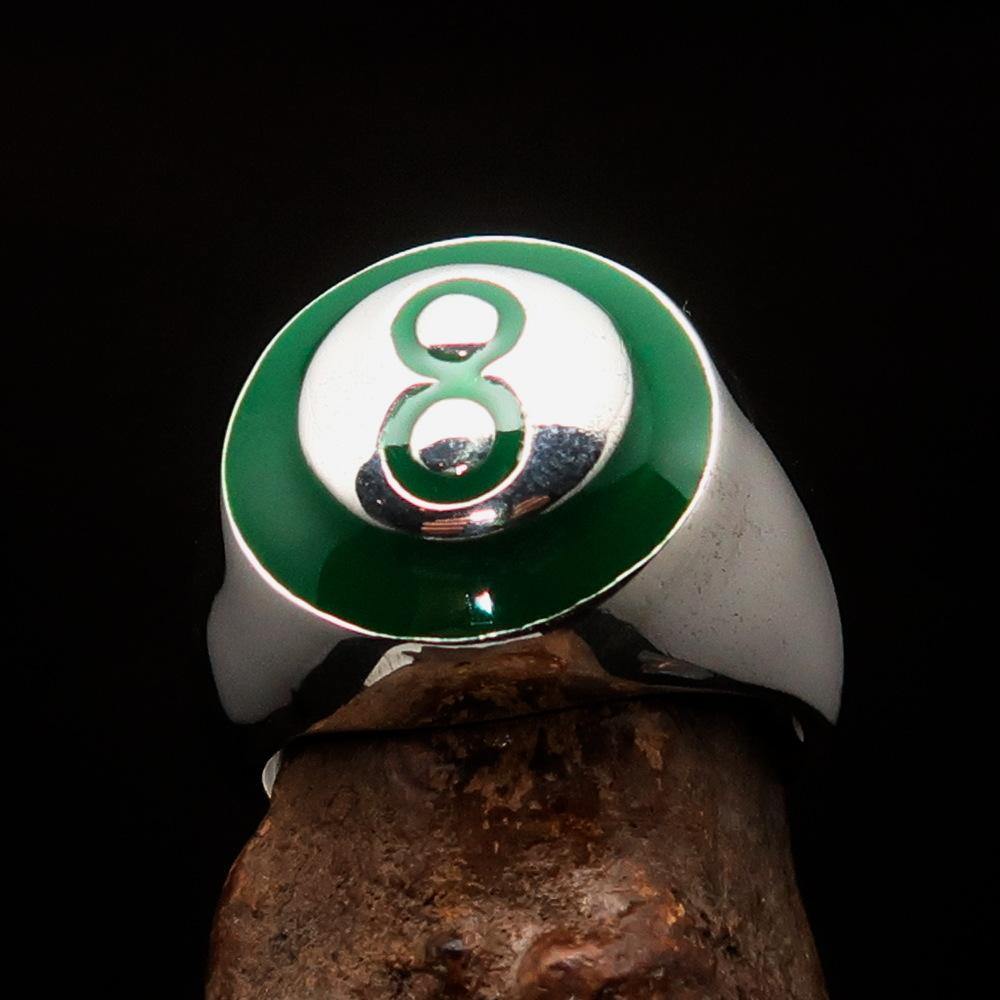 Men's Number Ring in green 8, crafted from solid Sterling Silver with a high polished enamel finish, showcasing a domed design.