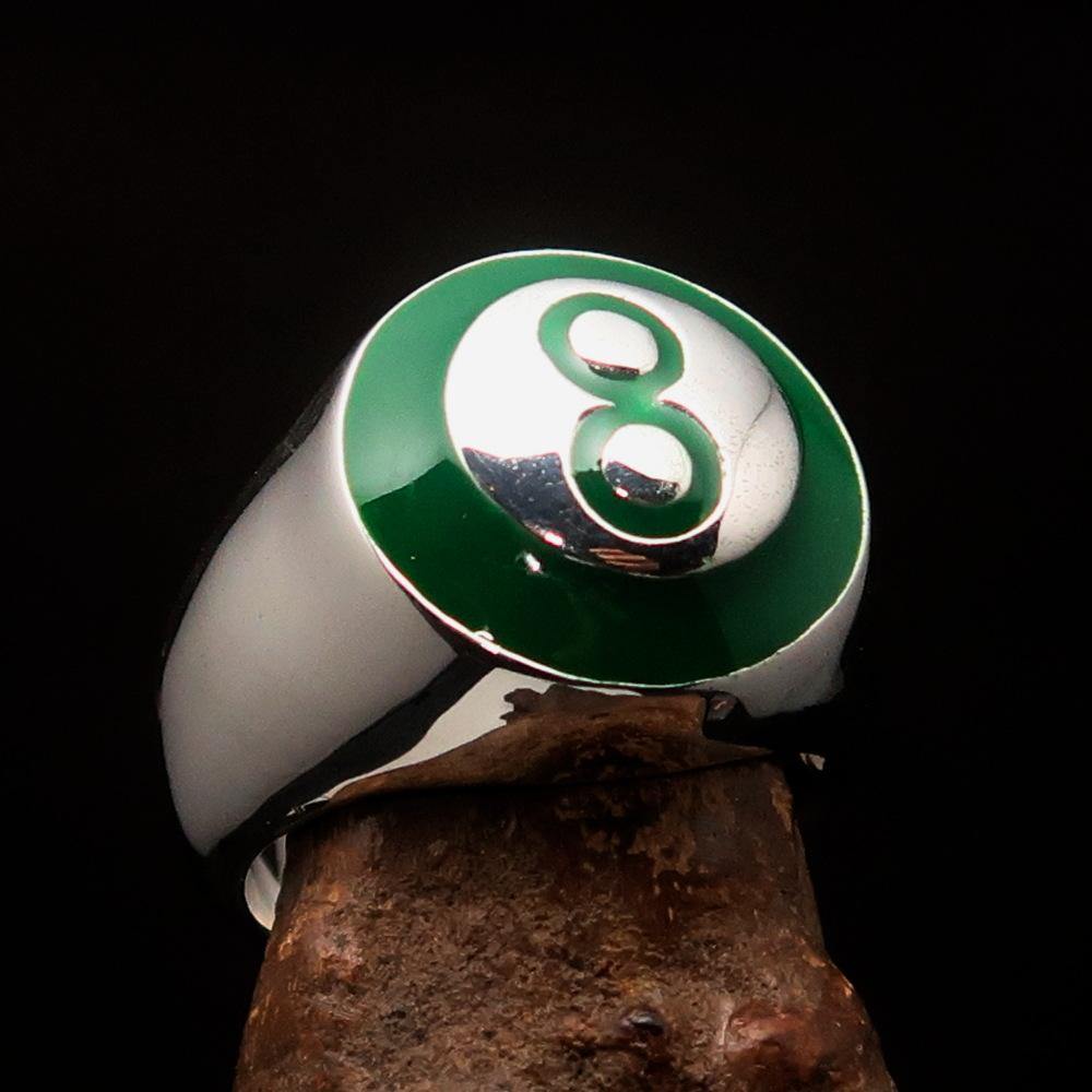 Men's Number Ring in green 8, crafted from solid Sterling Silver with a high polished enamel finish, showcasing a domed design.