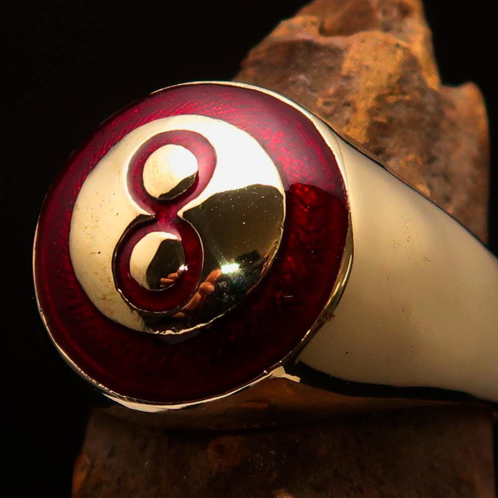 A beautifully crafted red domed Men's Number Ring featuring the number 8, made of solid brass with a high-polished finish.