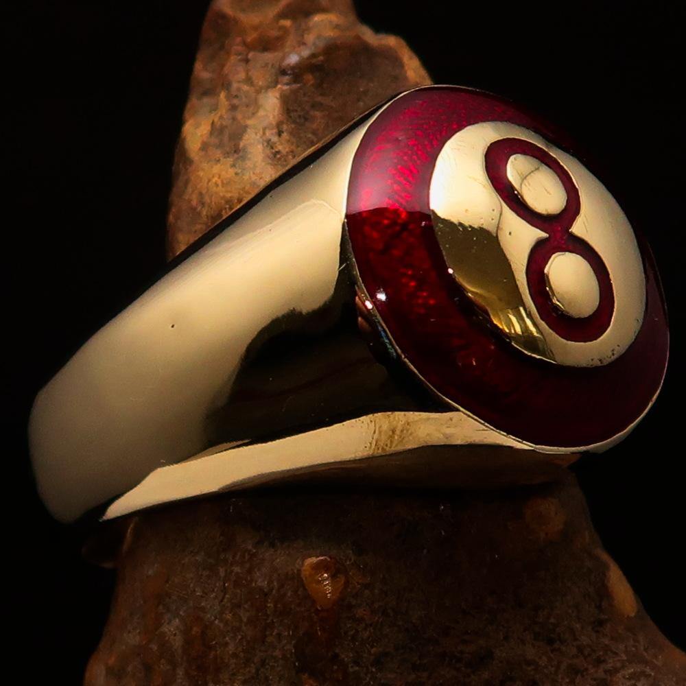 A beautifully crafted red domed Men's Number Ring featuring the number 8, made of solid brass with a high-polished finish.