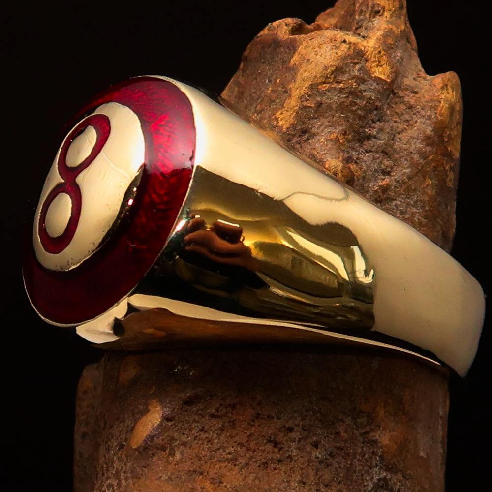 A beautifully crafted red domed Men's Number Ring featuring the number 8, made of solid brass with a high-polished finish.