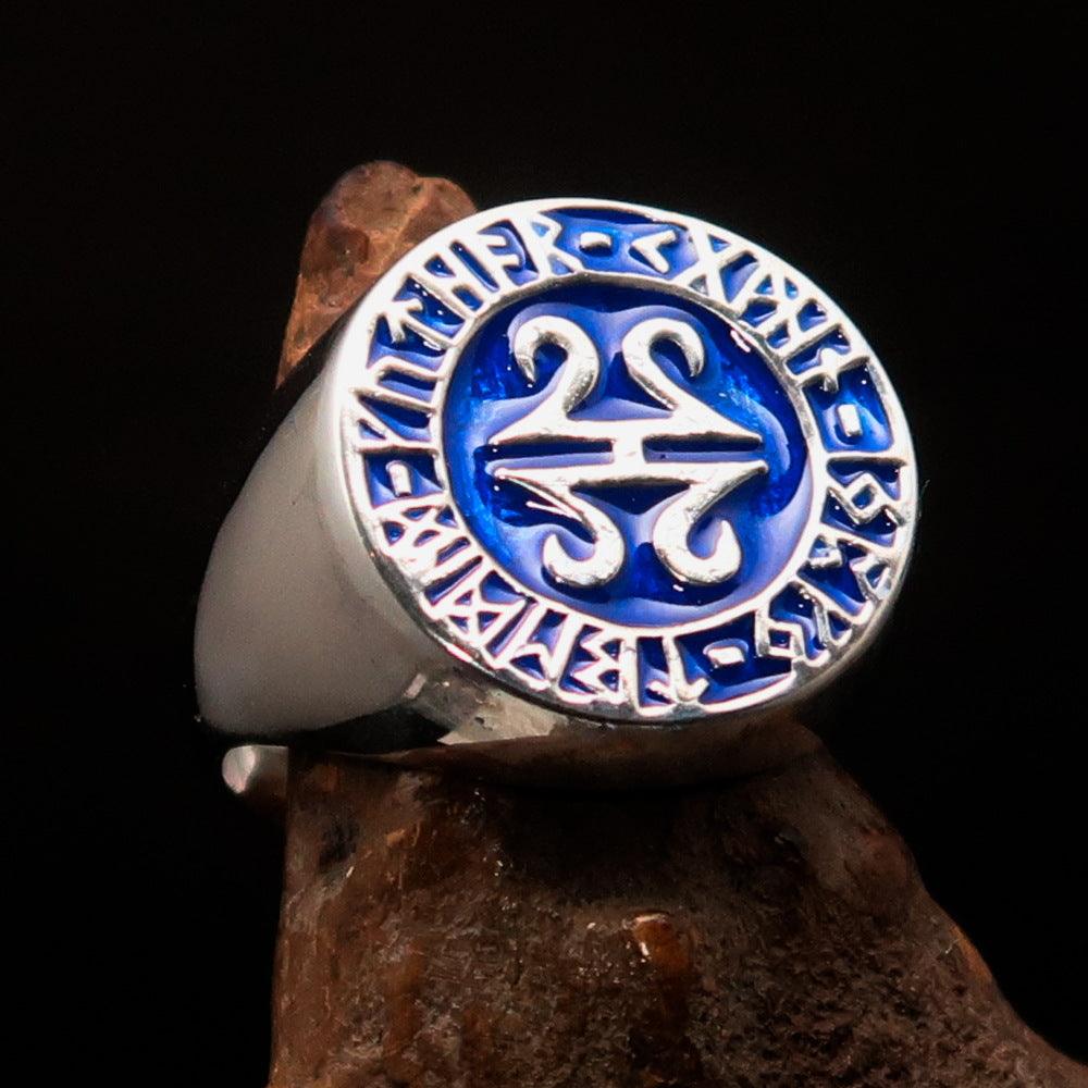 Men's ancient blue Viking runes ring made of sterling silver with high polish and enamel detailing.