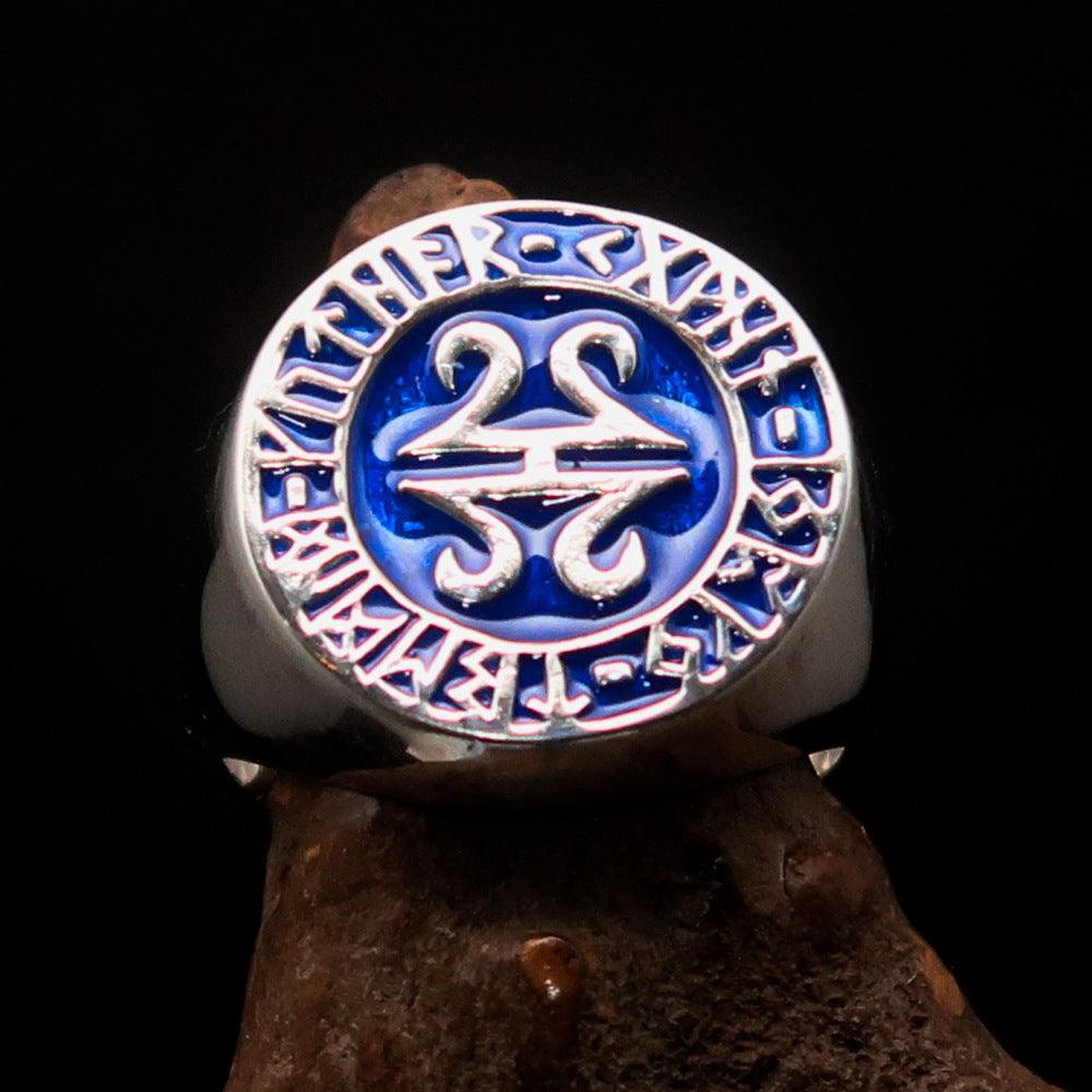 Men's ancient blue Viking runes ring made of sterling silver with high polish and enamel detailing.