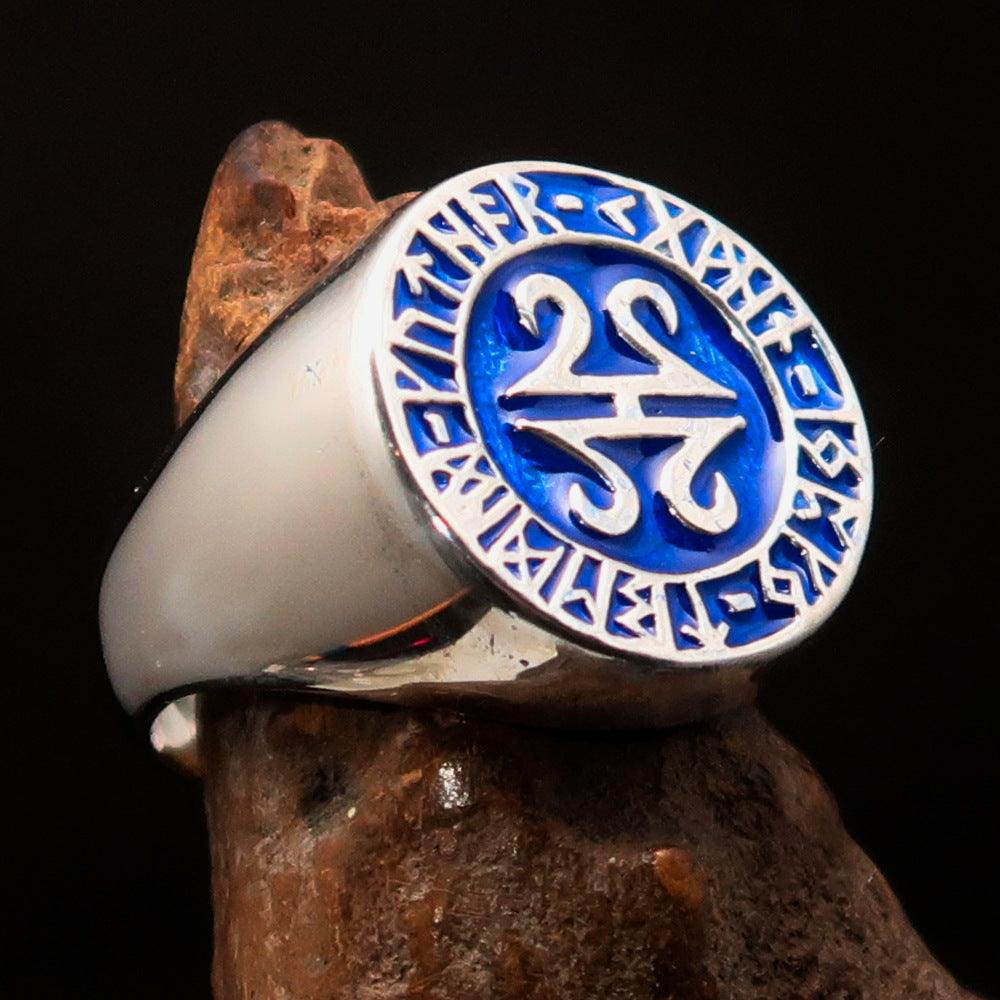 Men's ancient blue Viking runes ring made of sterling silver with high polish and enamel detailing.