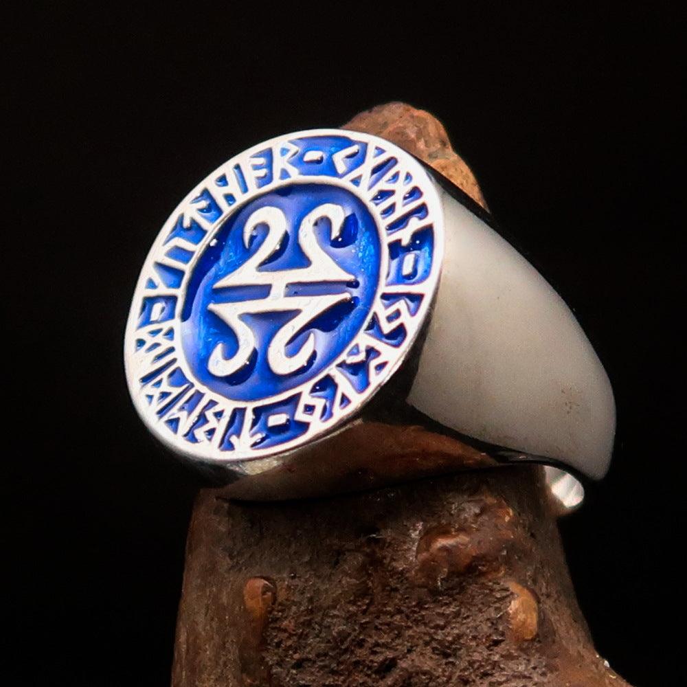 Men's ancient blue Viking runes ring made of sterling silver with high polish and enamel detailing.