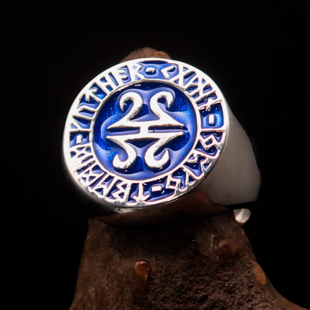 Men's ancient blue Viking runes ring made of sterling silver with high polish and enamel detailing.