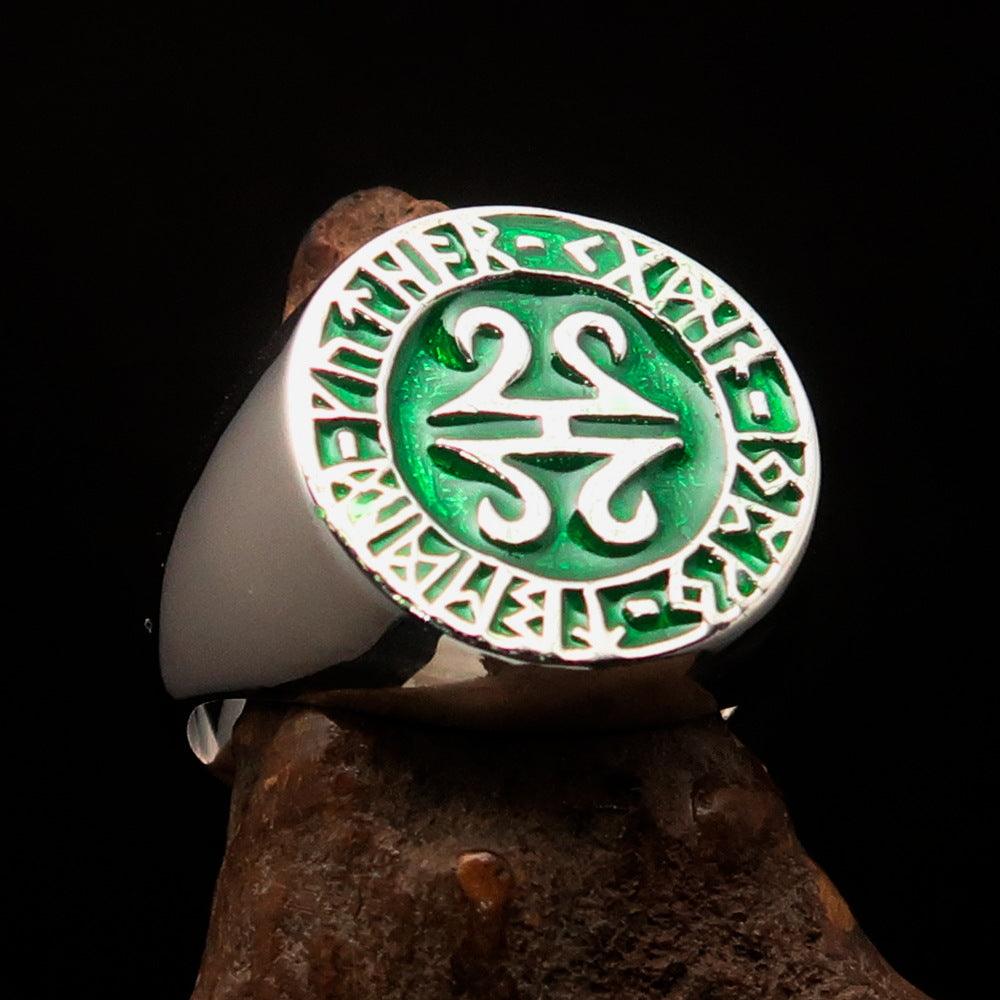 Men's ancient green Viking runes ring made of sterling silver with high polish and enamel finish, showcasing intricate rune designs.