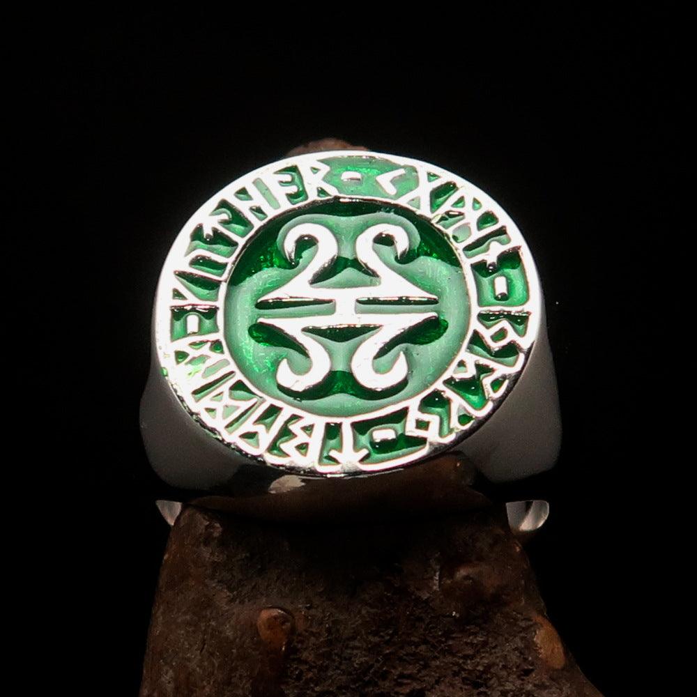 Men's ancient green Viking runes ring made of sterling silver with high polish and enamel finish, showcasing intricate rune designs.