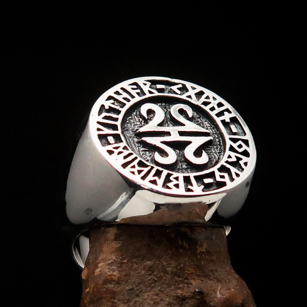 Men's ancient Viking Runes Ring made of solid sterling silver with an antiqued finish, showcasing intricate rune designs.