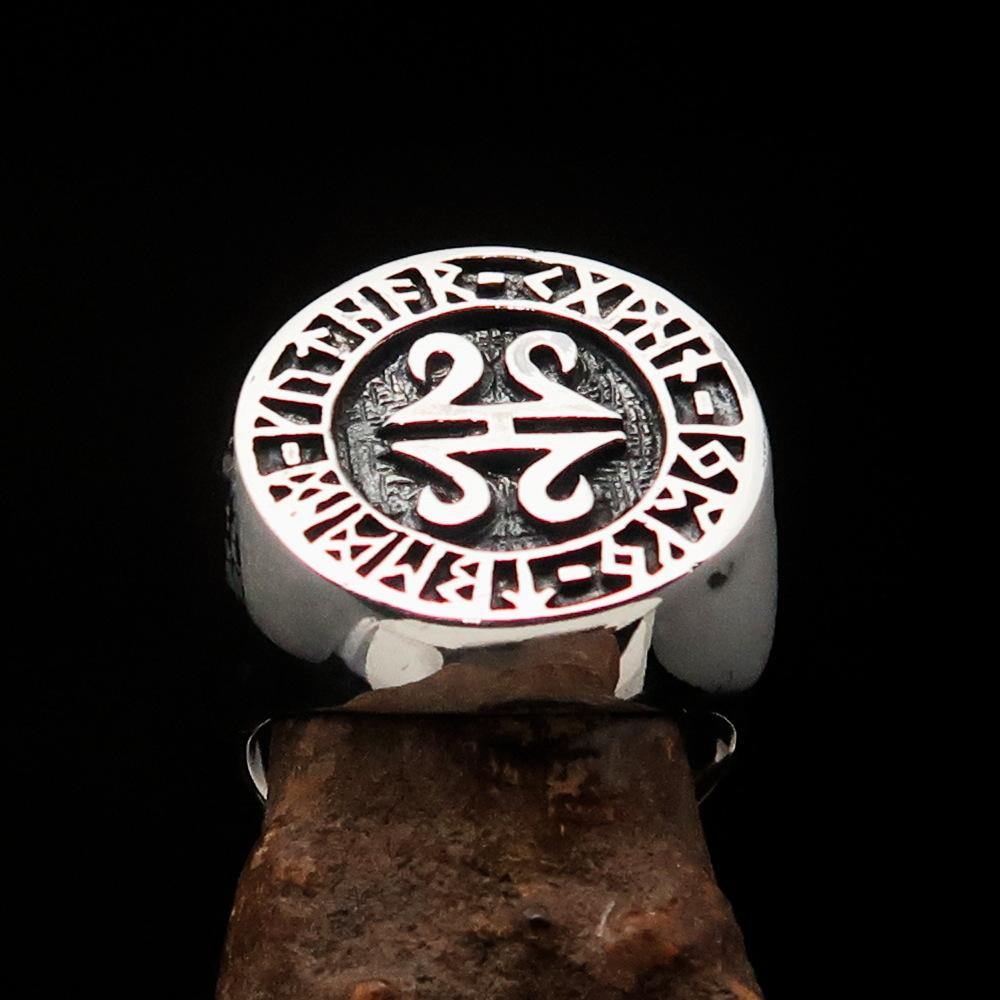 Men's ancient Viking Runes Ring made of solid sterling silver with an antiqued finish, showcasing intricate rune designs.