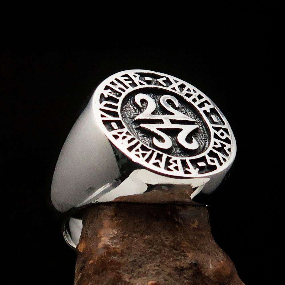 Men's ancient Viking Runes Ring made of solid sterling silver with an antiqued finish, showcasing intricate rune designs.