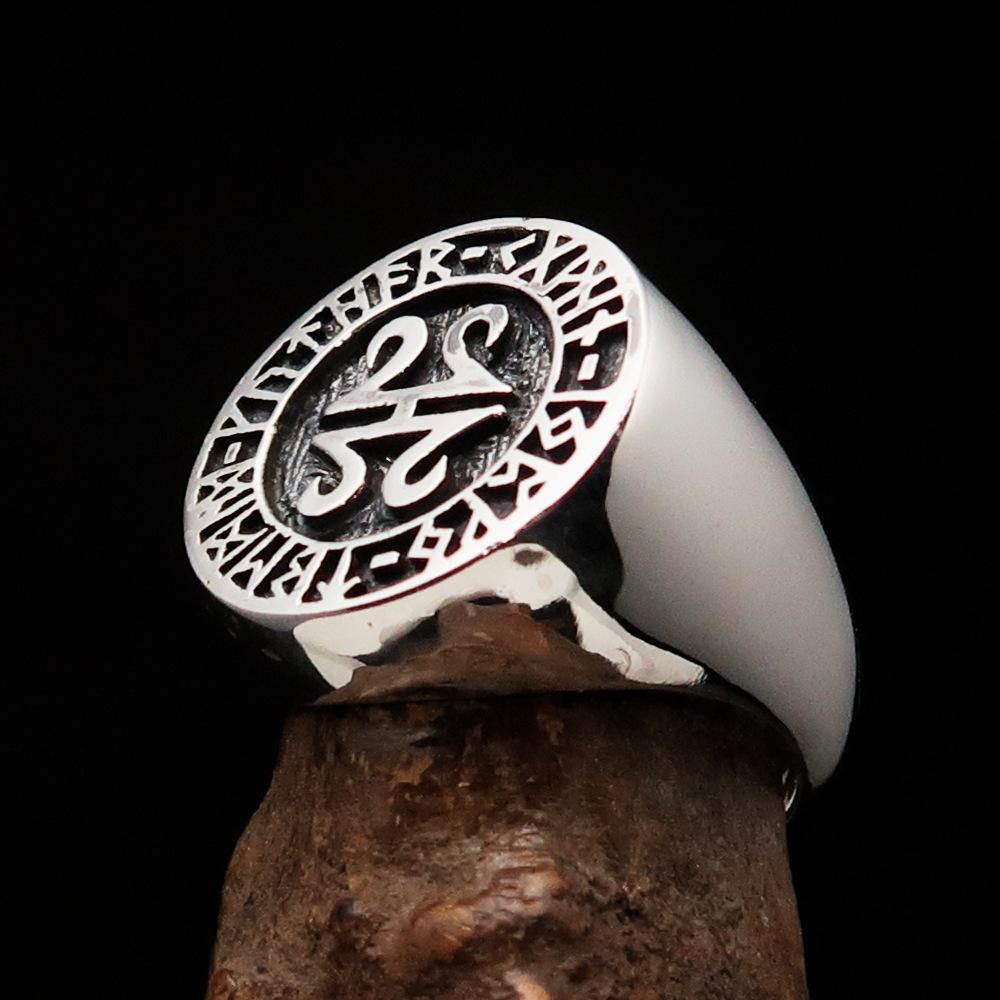 Men's ancient Viking Runes Ring made of solid sterling silver with an antiqued finish, showcasing intricate rune designs.