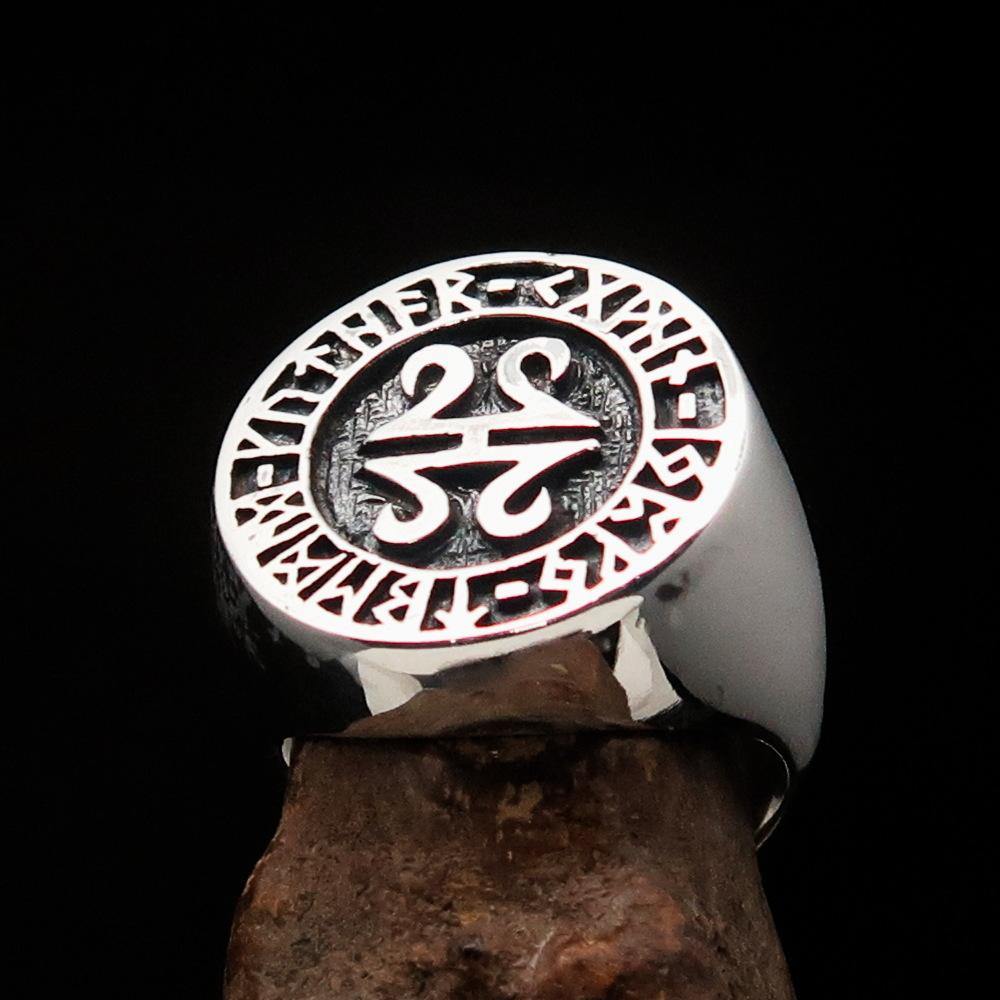 Men's ancient Viking Runes Ring made of solid sterling silver with an antiqued finish, showcasing intricate rune designs.