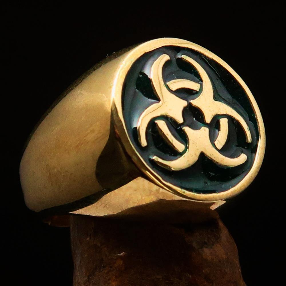 Men's Bio Hazard Ring made of solid brass featuring a green Toxic Waste Symbol with a high polished enamel finish.