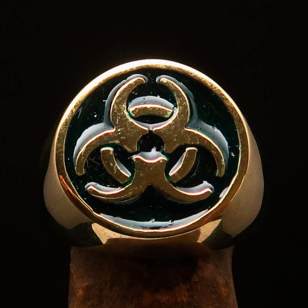 Men's Bio Hazard Ring made of solid brass featuring a green Toxic Waste Symbol with a high polished enamel finish.