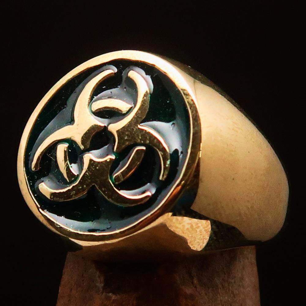 Men's Bio Hazard Ring made of solid brass featuring a green Toxic Waste Symbol with a high polished enamel finish.