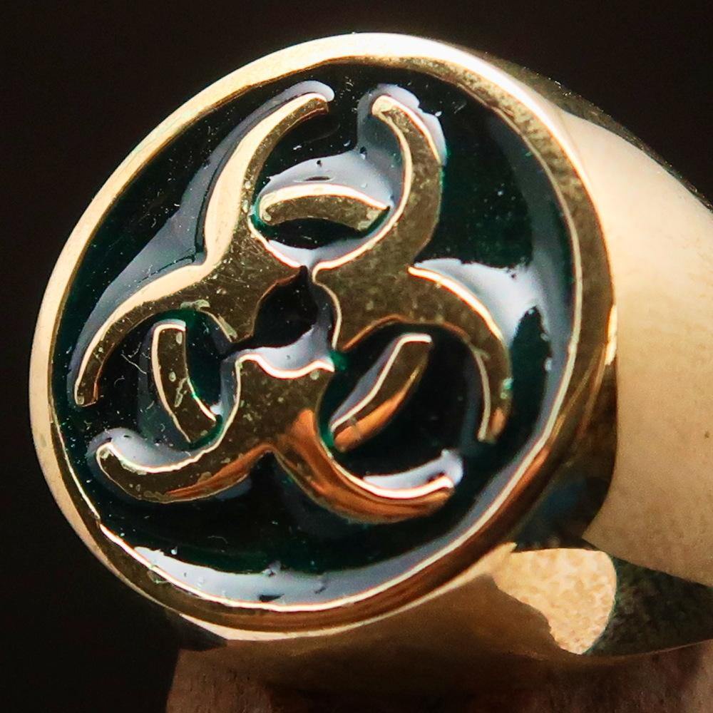 Men's Bio Hazard Ring made of solid brass featuring a green Toxic Waste Symbol with a high polished enamel finish.