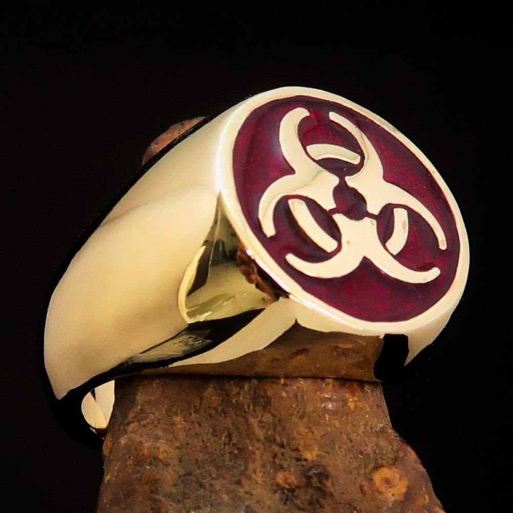 Men's Bio Hazard Ring featuring a red toxic waste symbol, crafted from solid brass with a high polished enamel finish.