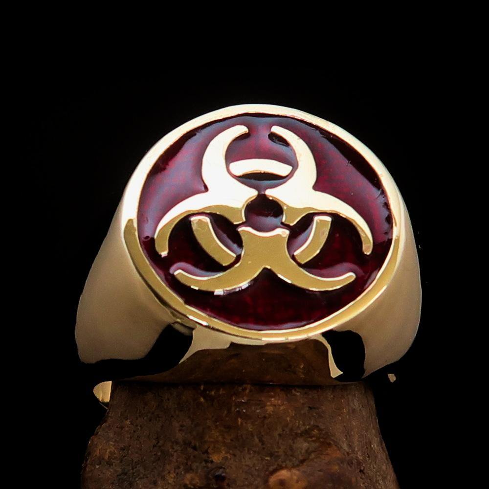 Men's Bio Hazard Ring featuring a red toxic waste symbol, crafted from solid brass with a high polished enamel finish.