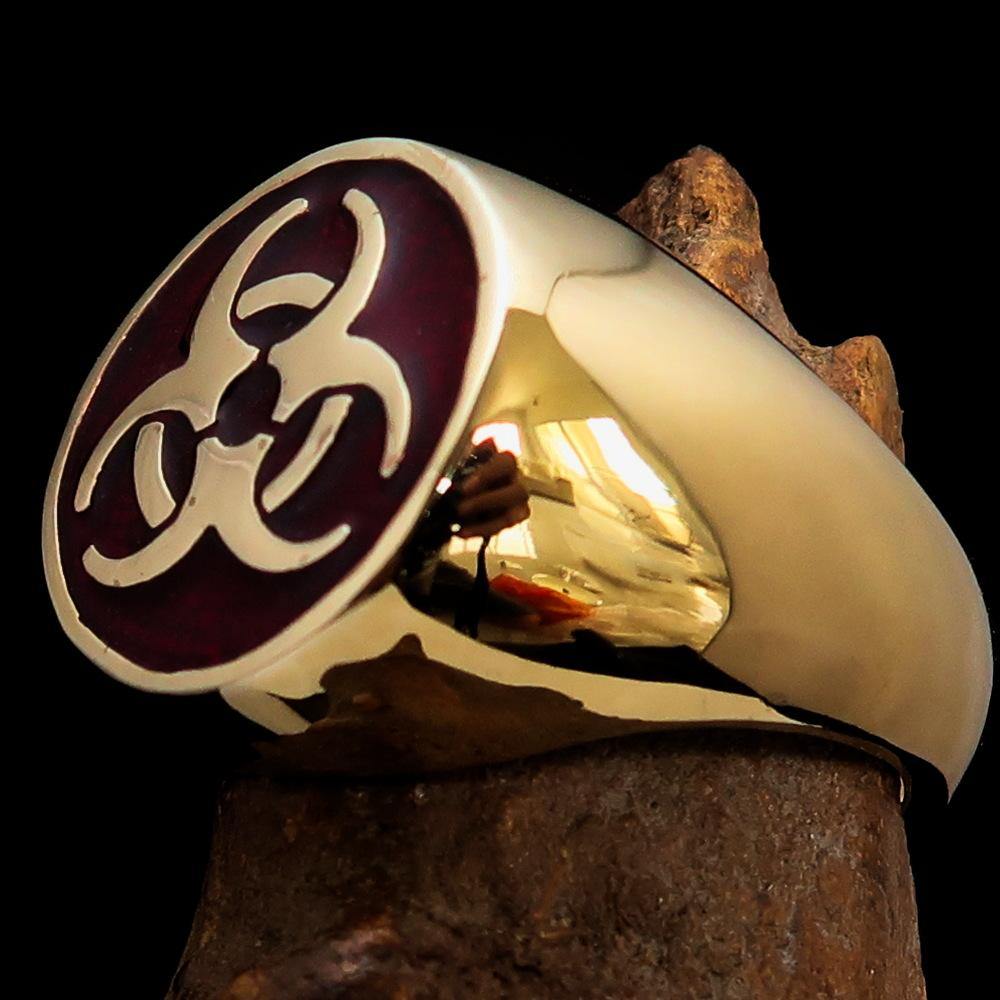 Men's Bio Hazard Ring featuring a red toxic waste symbol, crafted from solid brass with a high polished enamel finish.