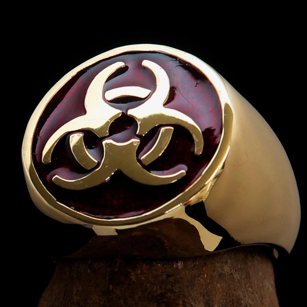 Men's Bio Hazard Ring featuring a red toxic waste symbol, crafted from solid brass with a high polished enamel finish.