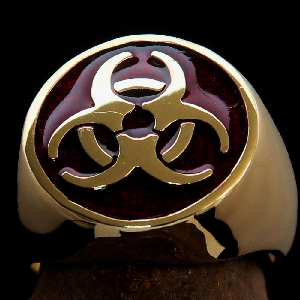 Men's Bio Hazard Ring featuring a red toxic waste symbol, crafted from solid brass with a high polished enamel finish.