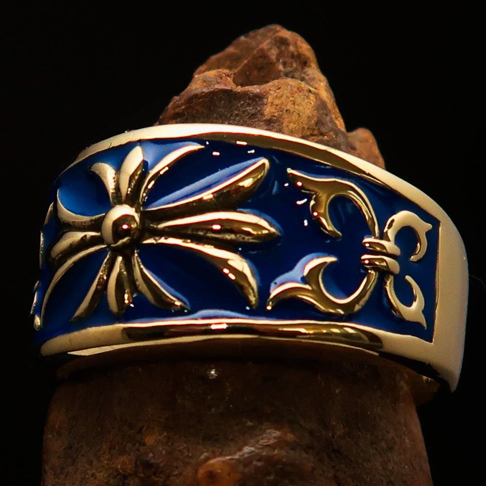 Men's Fleur de Lis Band Ring in blue enamel, crafted from solid brass with a polished finish.