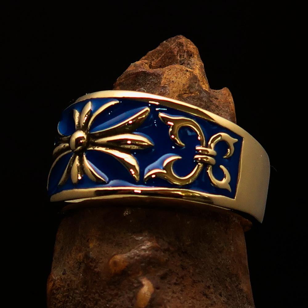 Men's Fleur de Lis Band Ring in blue enamel, crafted from solid brass with a polished finish.