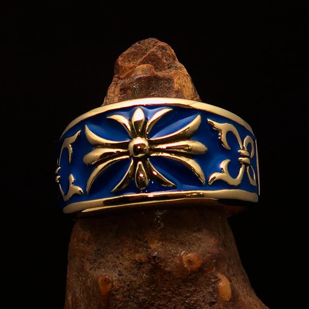 Men's Fleur de Lis Band Ring in blue enamel, crafted from solid brass with a polished finish.