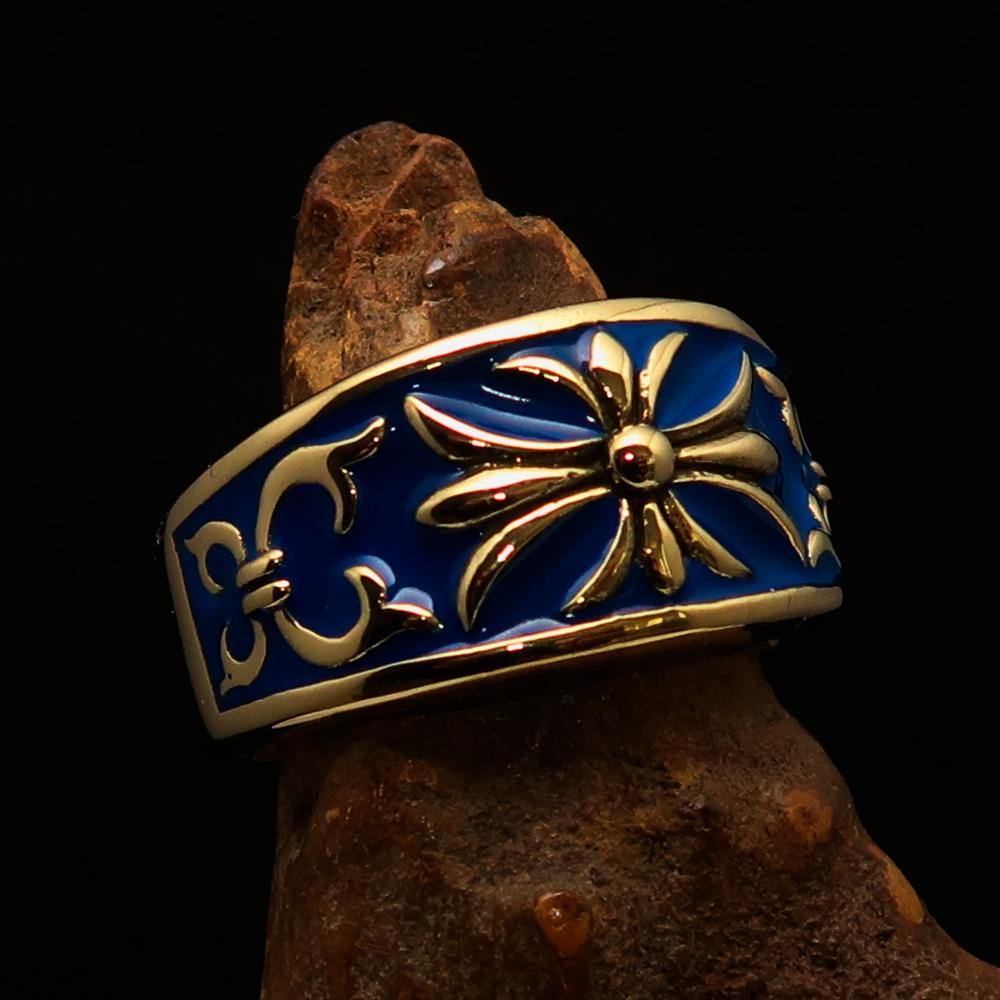 Men's Fleur de Lis Band Ring in blue enamel, crafted from solid brass with a polished finish.