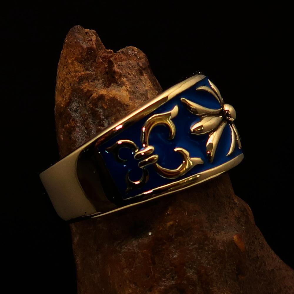 Men's Fleur de Lis Band Ring in blue enamel, crafted from solid brass with a polished finish.