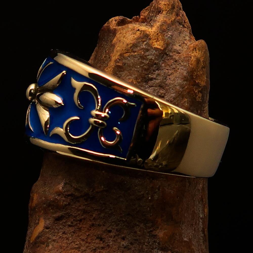 Men's Fleur de Lis Band Ring in blue enamel, crafted from solid brass with a polished finish.