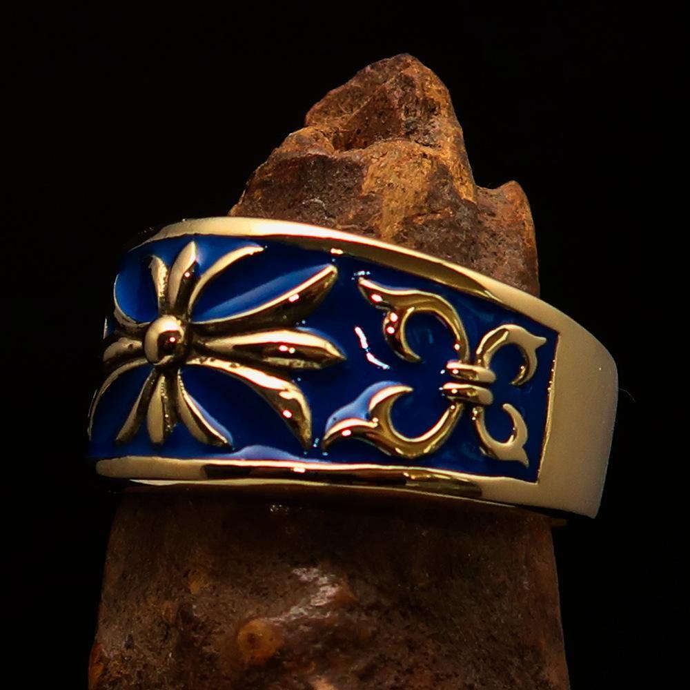 Men's Fleur de Lis Band Ring in blue enamel, crafted from solid brass with a polished finish.