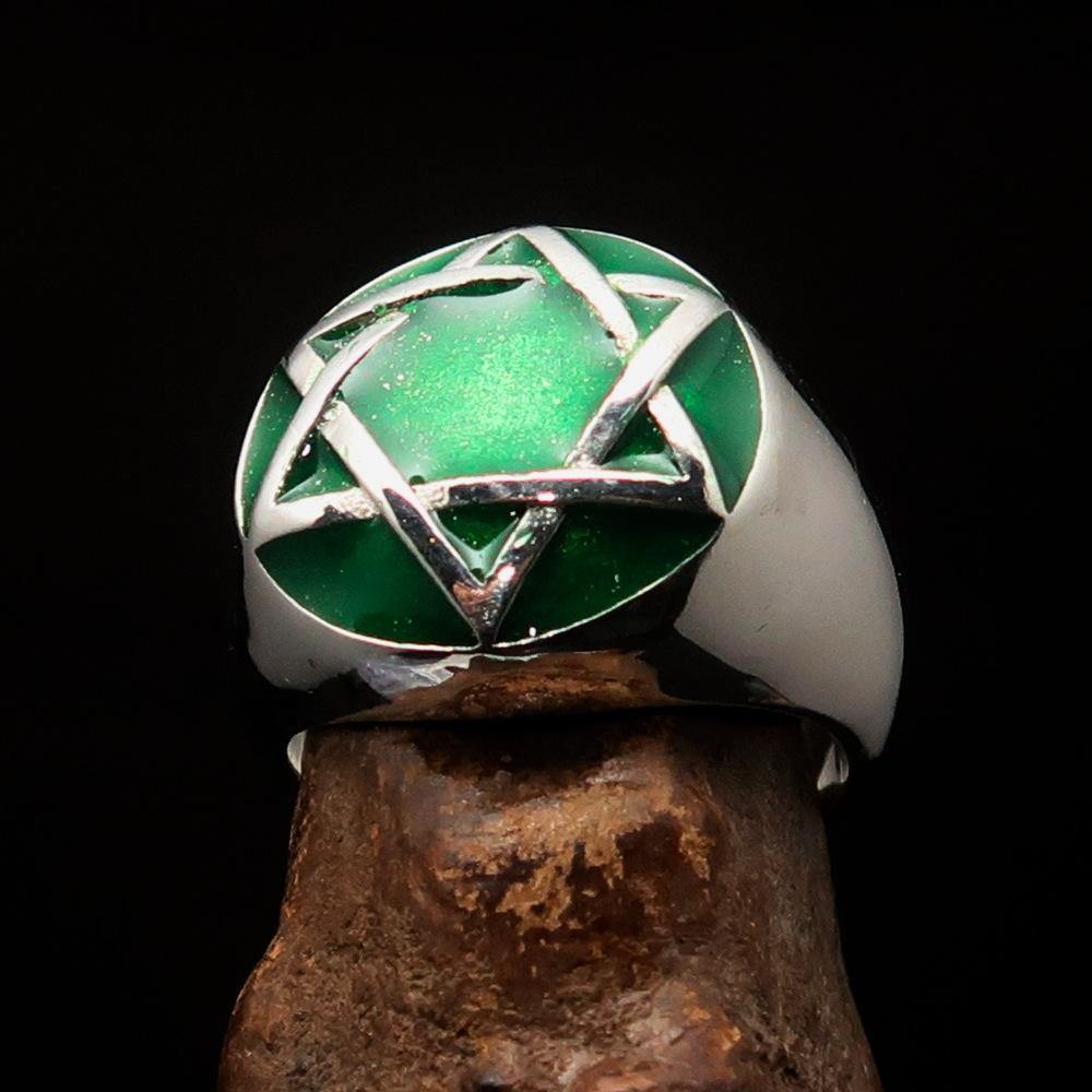 Men's Hebrew Ring made of sterling silver featuring a green Star of David, high polished with enamel finish.