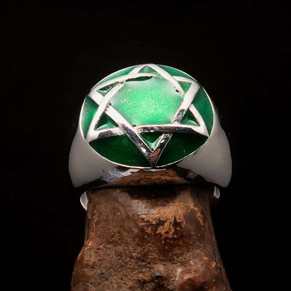 Men's Hebrew Ring made of sterling silver featuring a green Star of David, high polished with enamel finish.