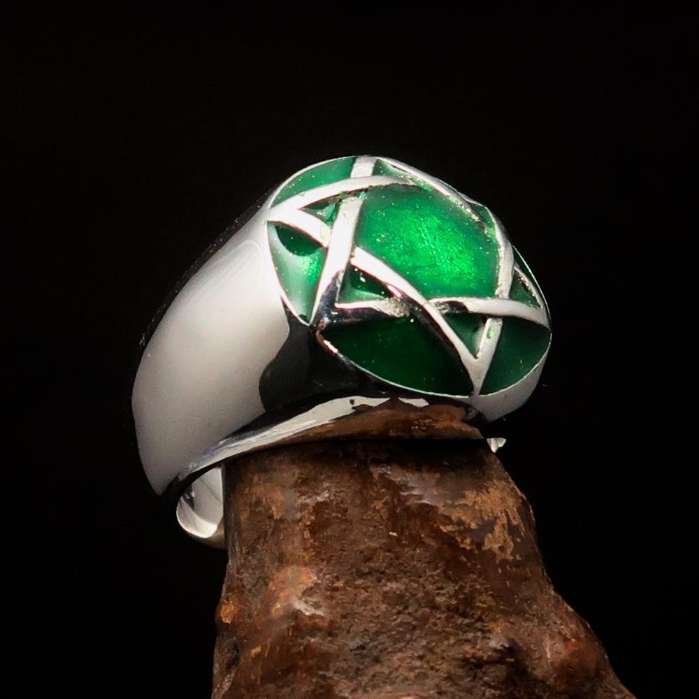 Men's Hebrew Ring made of sterling silver featuring a green Star of David, high polished with enamel finish.