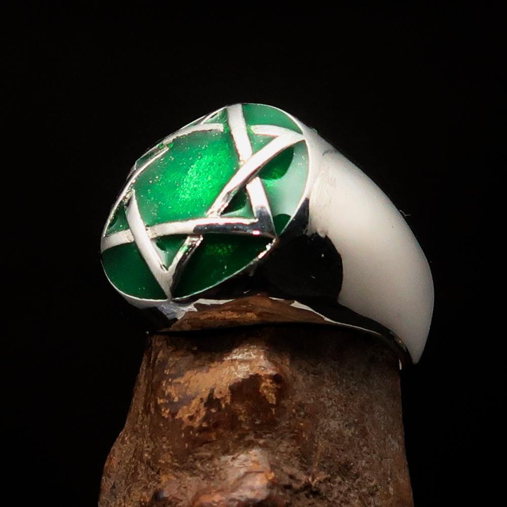 Men's Hebrew Ring made of sterling silver featuring a green Star of David, high polished with enamel finish.