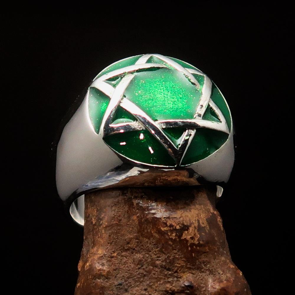 Men's Hebrew Ring made of sterling silver featuring a green Star of David, high polished with enamel finish.