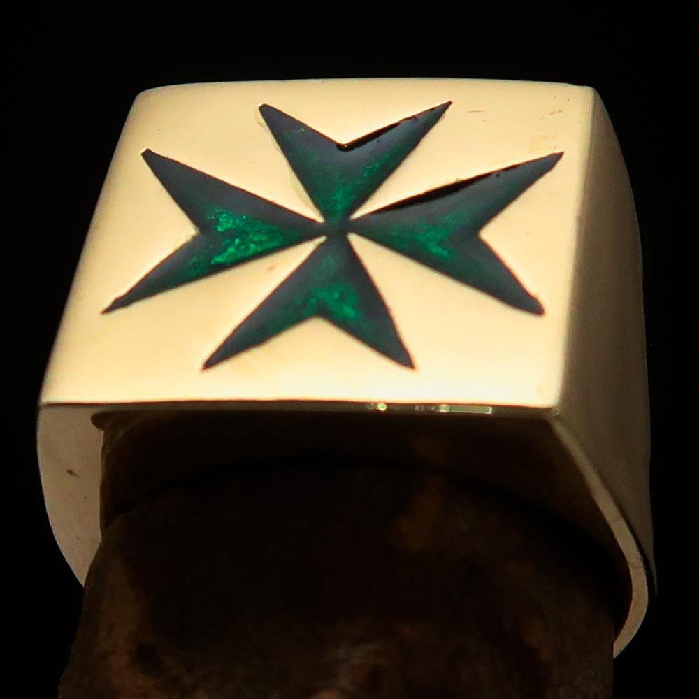 Men's Knight Ring featuring a Maltese Cross design in solid brass with green enamel finish.