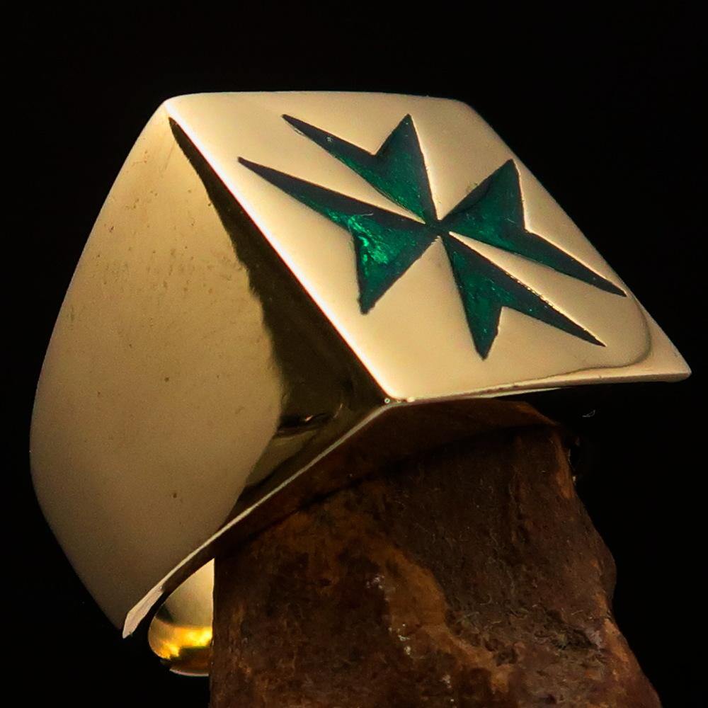 Men's Knight Ring featuring a Maltese Cross design in solid brass with green enamel finish.