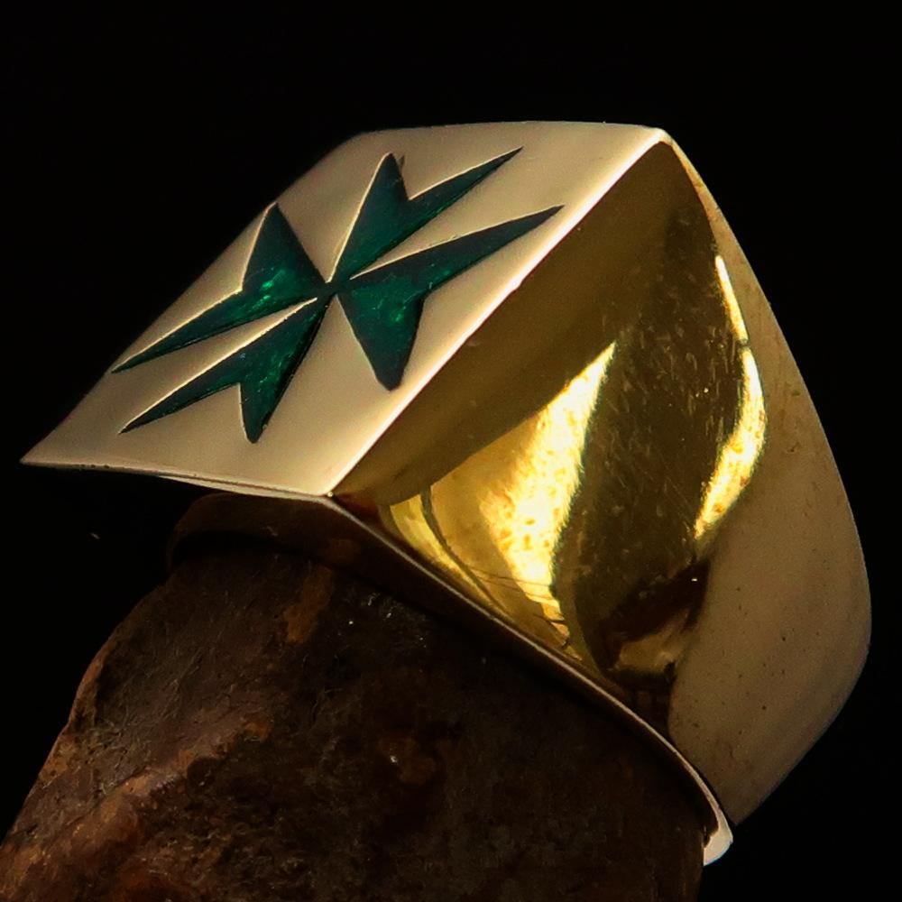 Men's Knight Ring featuring a Maltese Cross design in solid brass with green enamel finish.