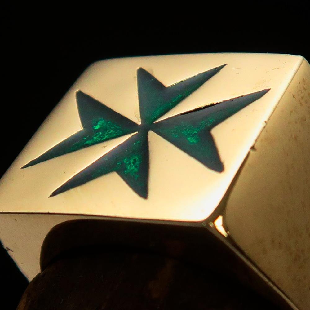 Men's Knight Ring featuring a Maltese Cross design in solid brass with green enamel finish.