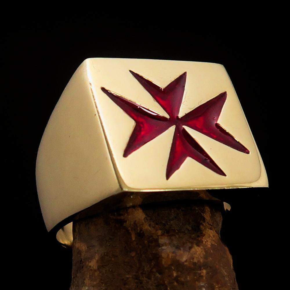 Men's Knight Ring made of solid brass featuring a Maltese Red Cross design with a high polished finish and red enamel.