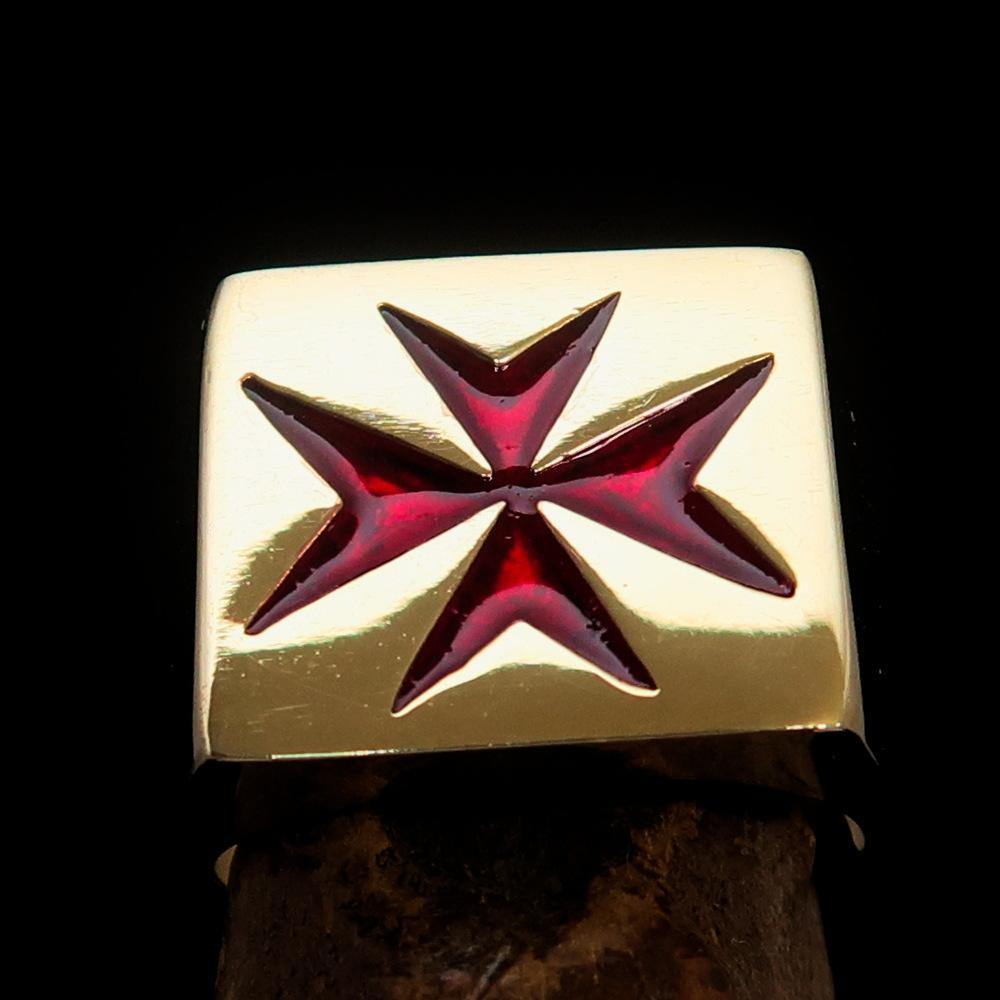 Men's Knight Ring made of solid brass featuring a Maltese Red Cross design with a high polished finish and red enamel.