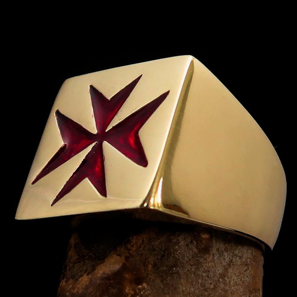 Men's Knight Ring made of solid brass featuring a Maltese Red Cross design with a high polished finish and red enamel.