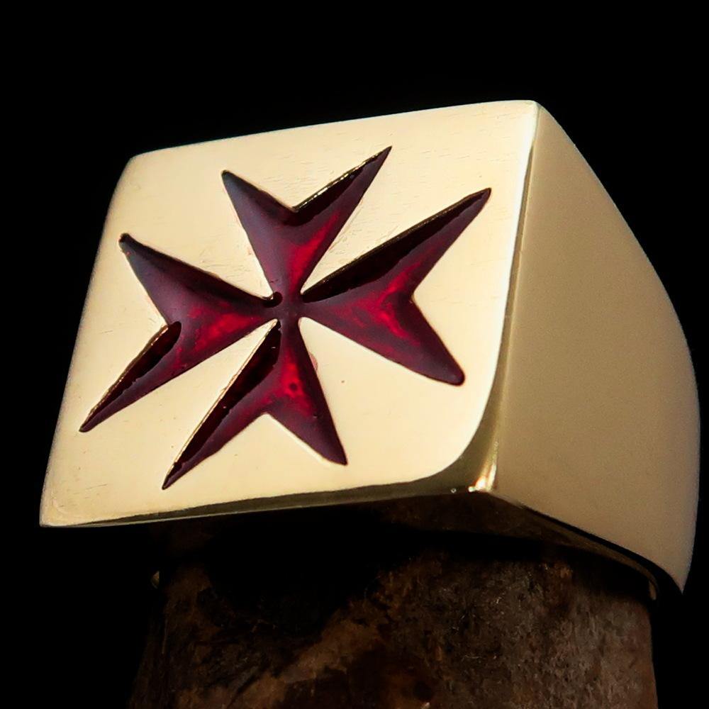 Men's Knight Ring made of solid brass featuring a Maltese Red Cross design with a high polished finish and red enamel.