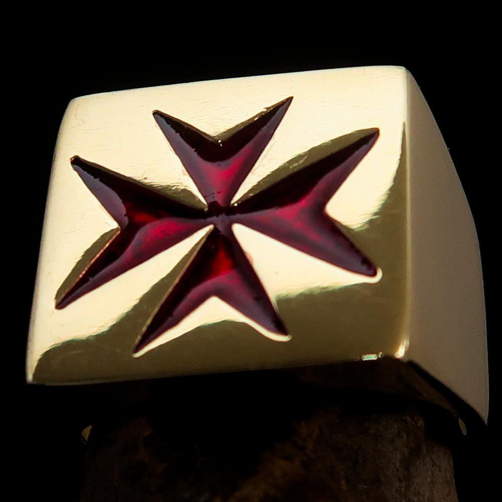 Men's Knight Ring made of solid brass featuring a Maltese Red Cross design with a high polished finish and red enamel.